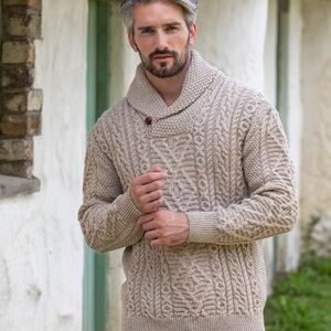 Aran  Irish merino wool shawl neck sweater X-Large